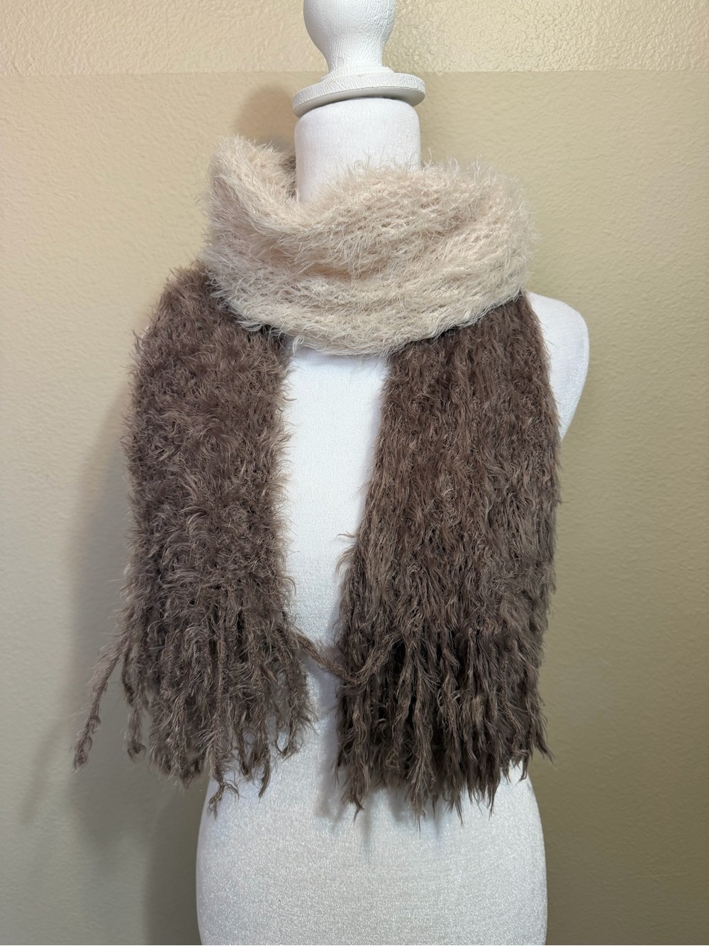 Simply Noelle Shaggy Two-Tone Convertible Infinity Scarf Cream Brown Fringe
